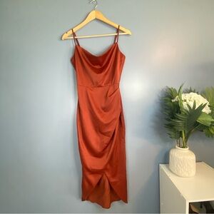 Showpo Burnt Orange Satin Cowl Neck Midi Dress